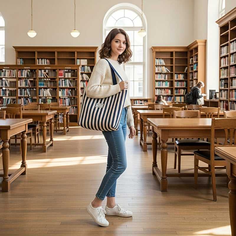 Women's Striped Canvas Shoulder Tote Bag