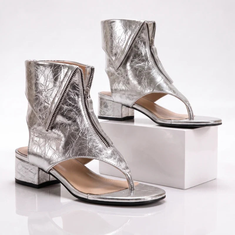 Women's Leather Thong Block Heel Sandals