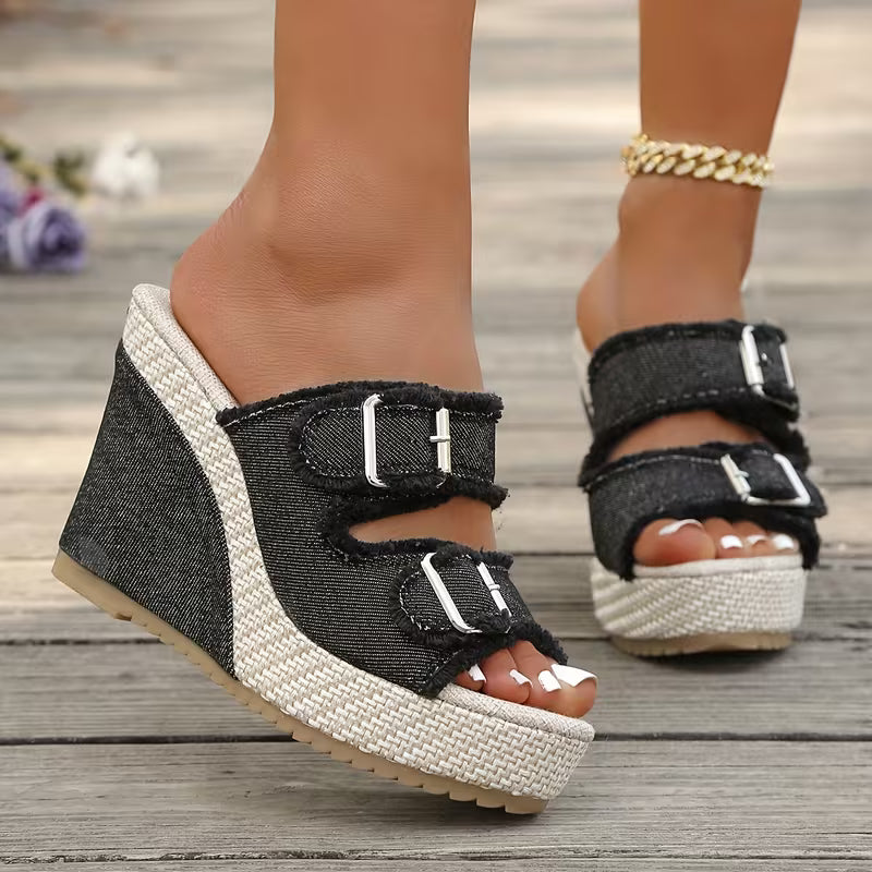 Women's Denim Espadrille Wedge Heel Sandals