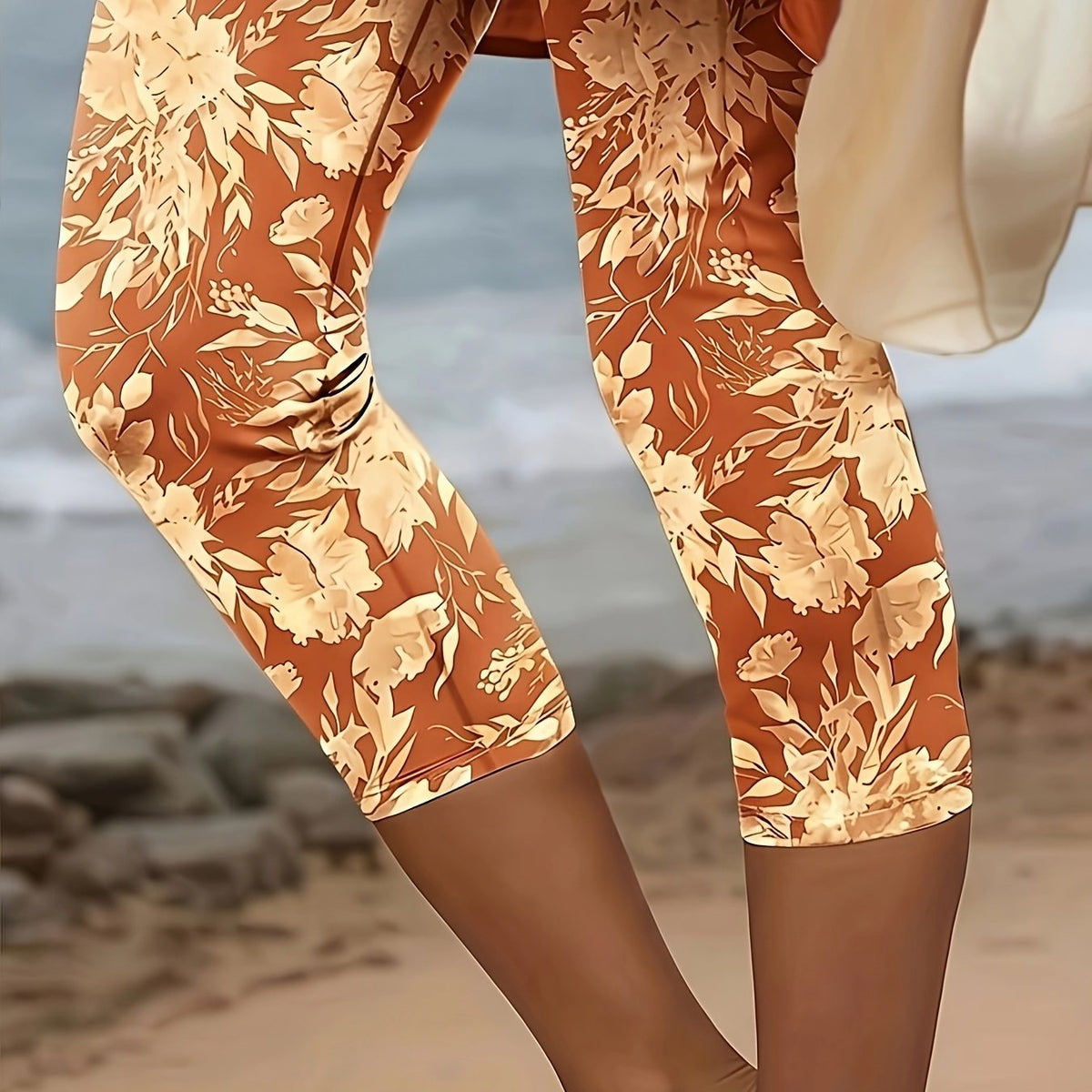 Women's Casual Floral Knit Capri Legging Pants - Orange-Red