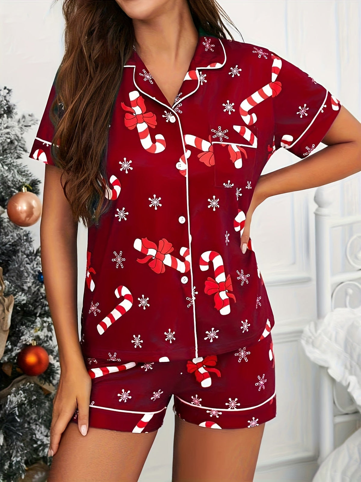 Women's Classic Satin Breathable Christmas Pyjamas - Red