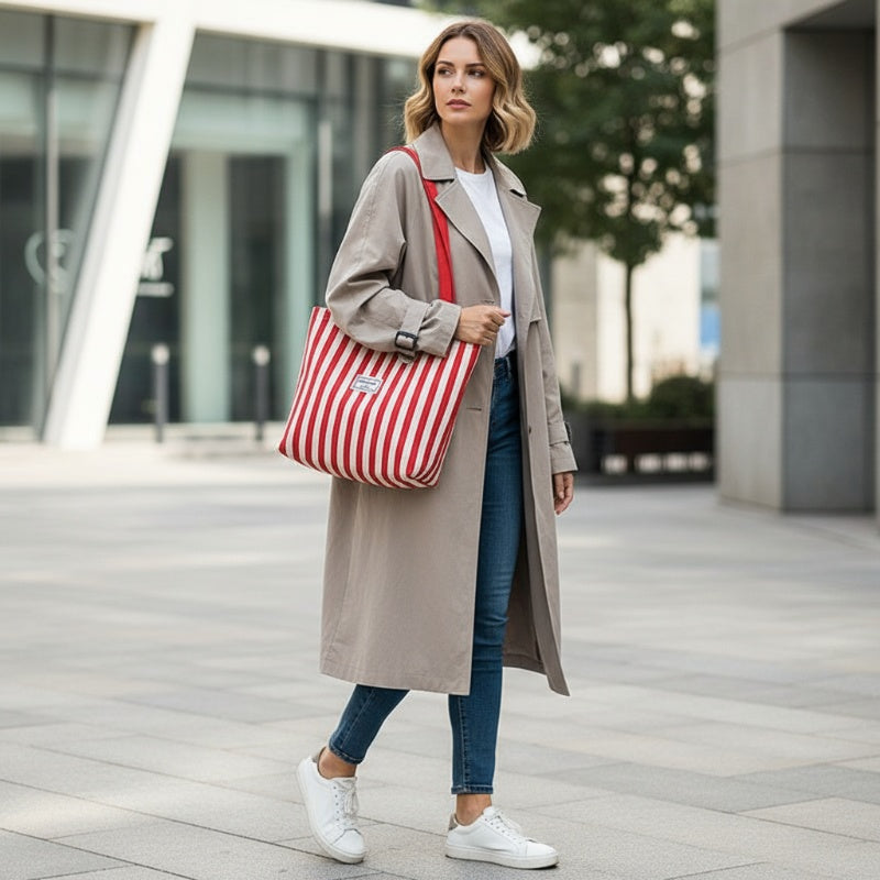 Women's Striped Canvas Shoulder Tote Bag