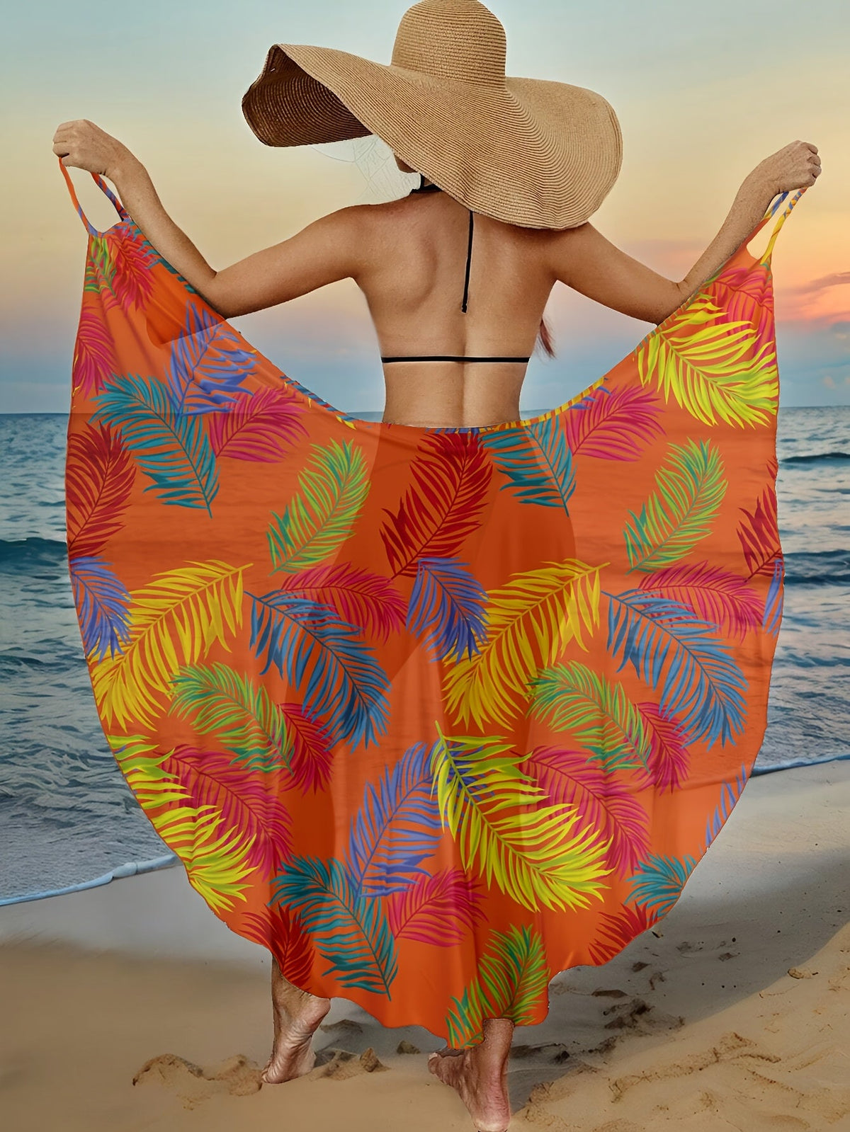 Women's Tropical Print Knit Beach Sarong - Orange