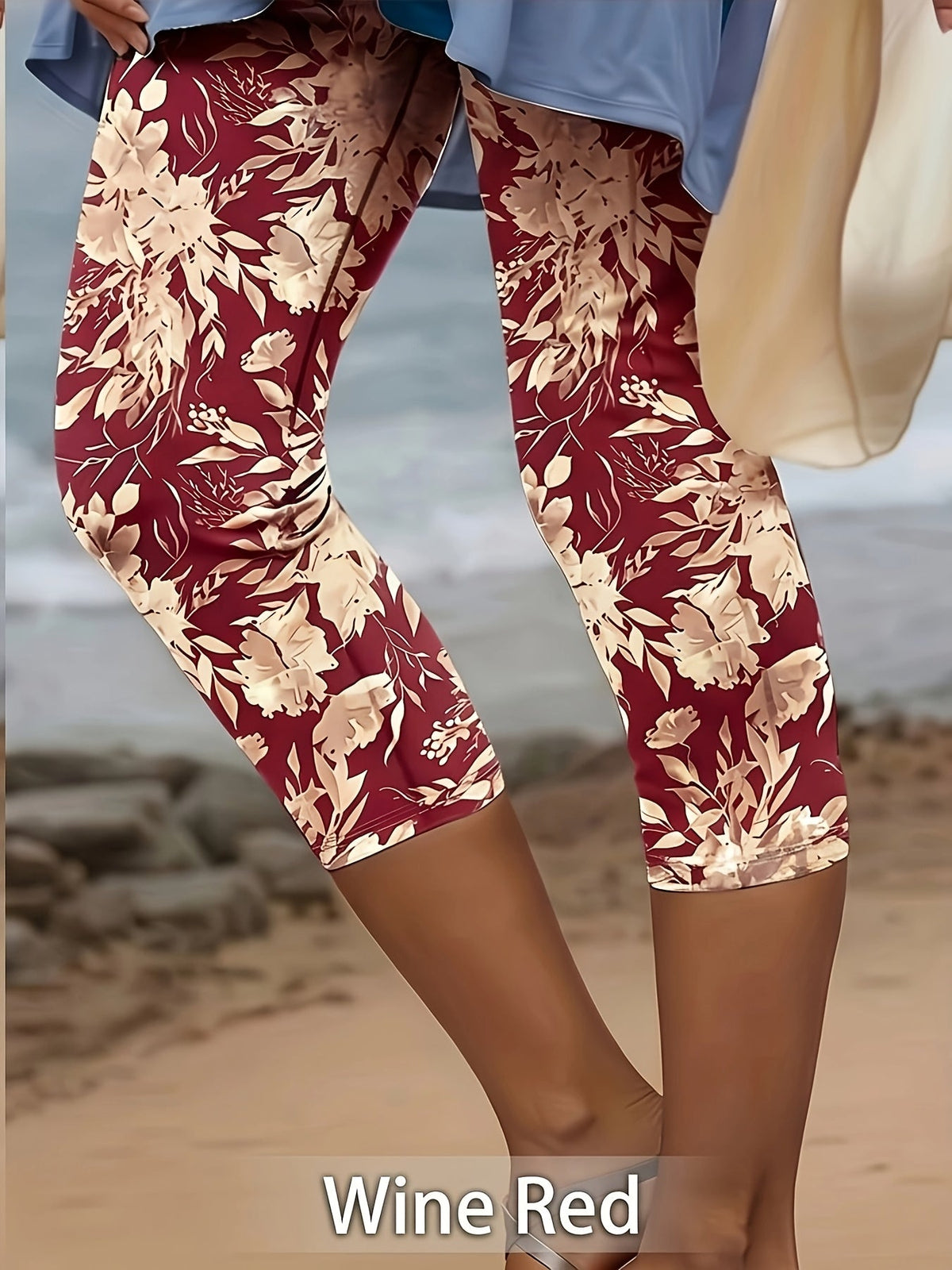 Women's Casual Floral Knit Capri Legging Pants