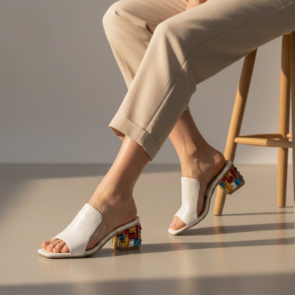 Women's Chic Embellished Slip-On Heels - Pearl White