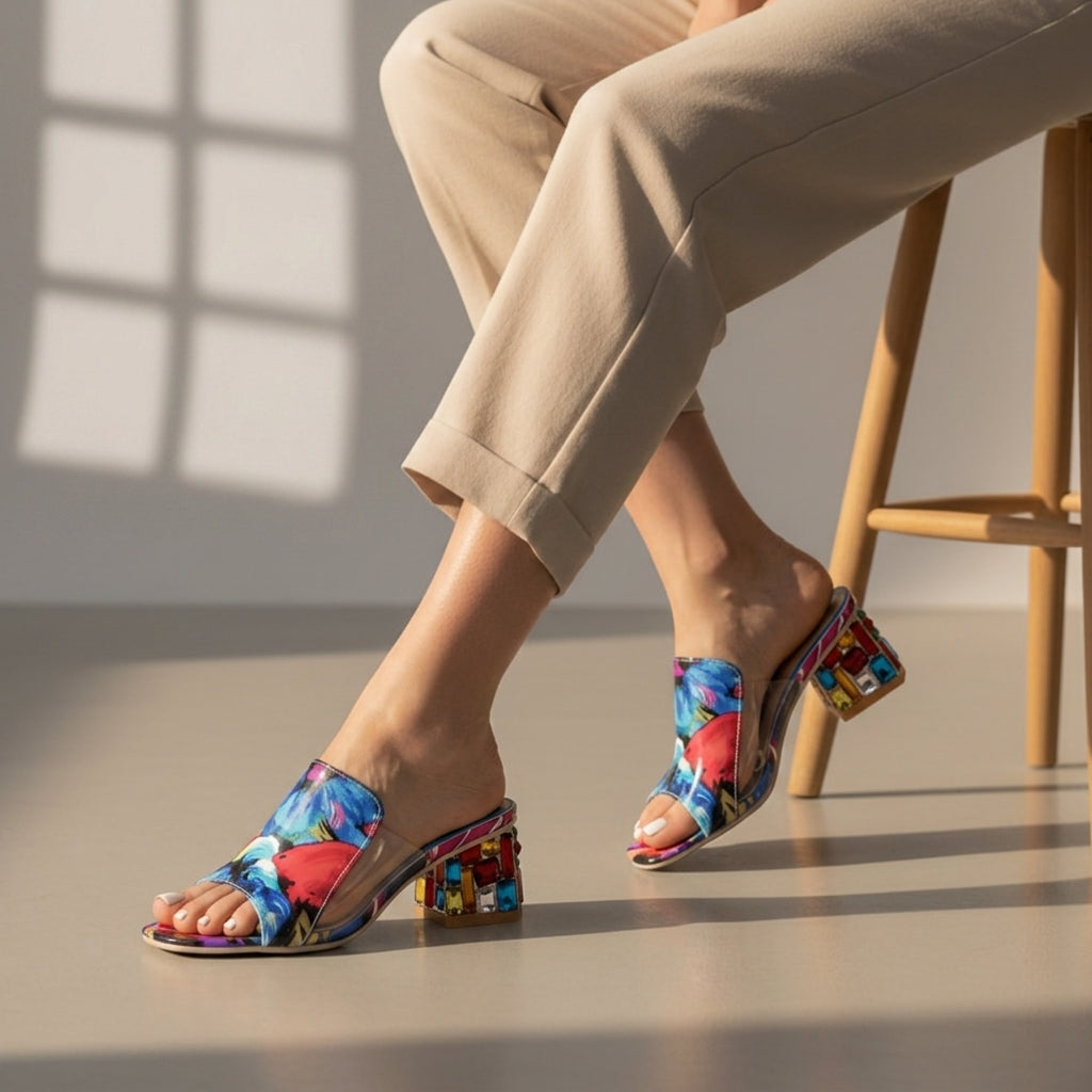 Women's Chic Embellished Slip-On Heels - Tropical Bloom