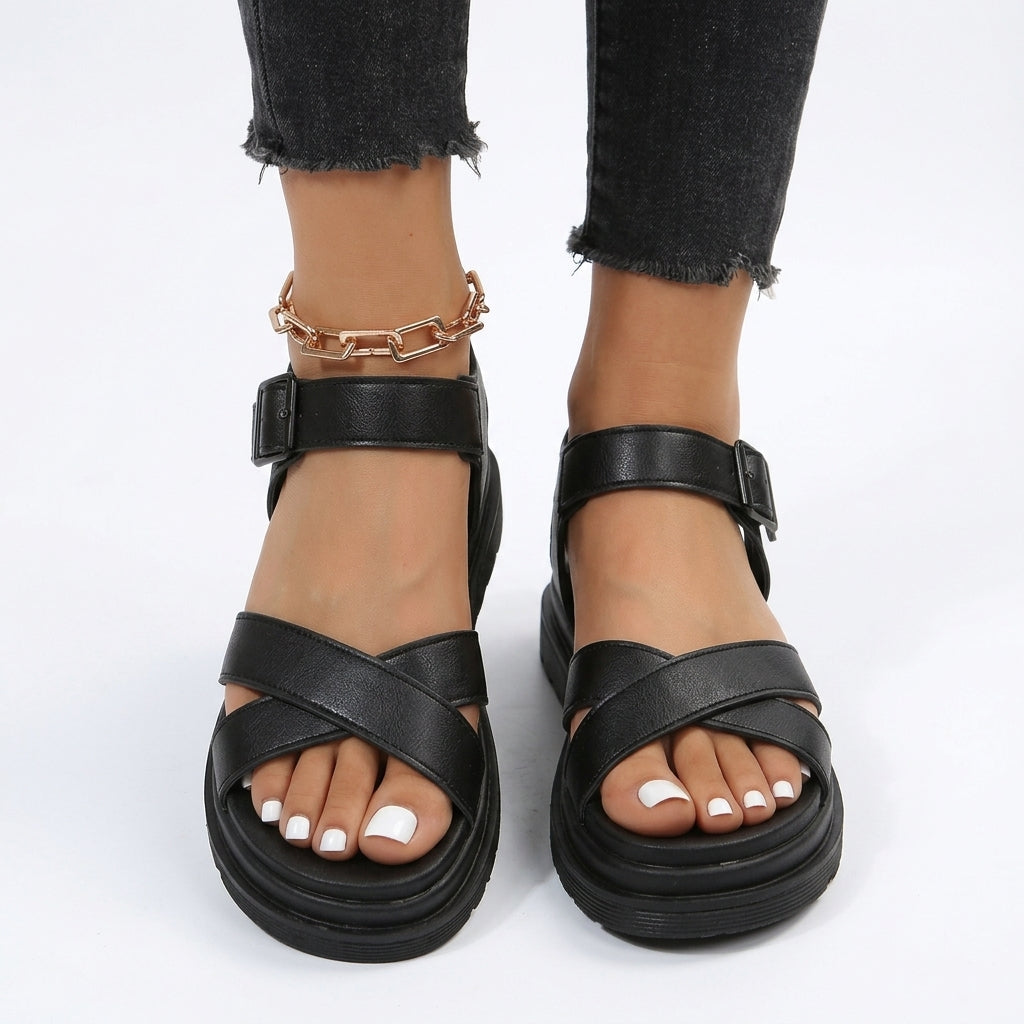 Women's Arch Support Strappy Orthopedic Platform Sandals - Black
