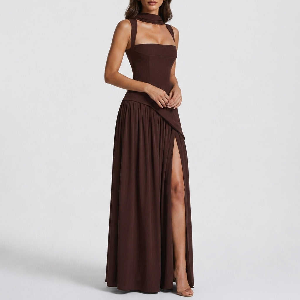Women's Formal Cocktail Satin Draped Maxi Dress - Brown