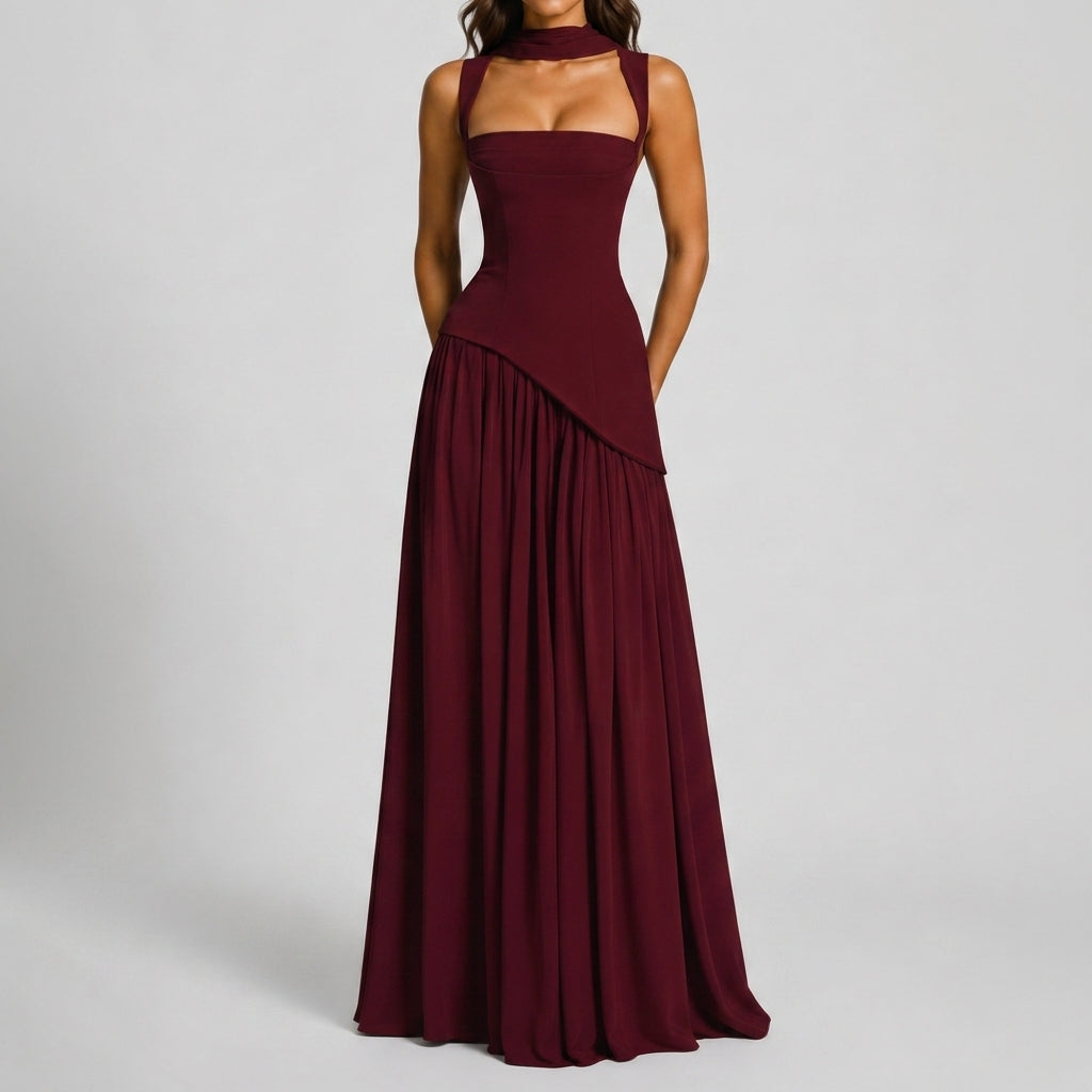 Women's Formal Cocktail Satin Draped Maxi Dress - Burgundy