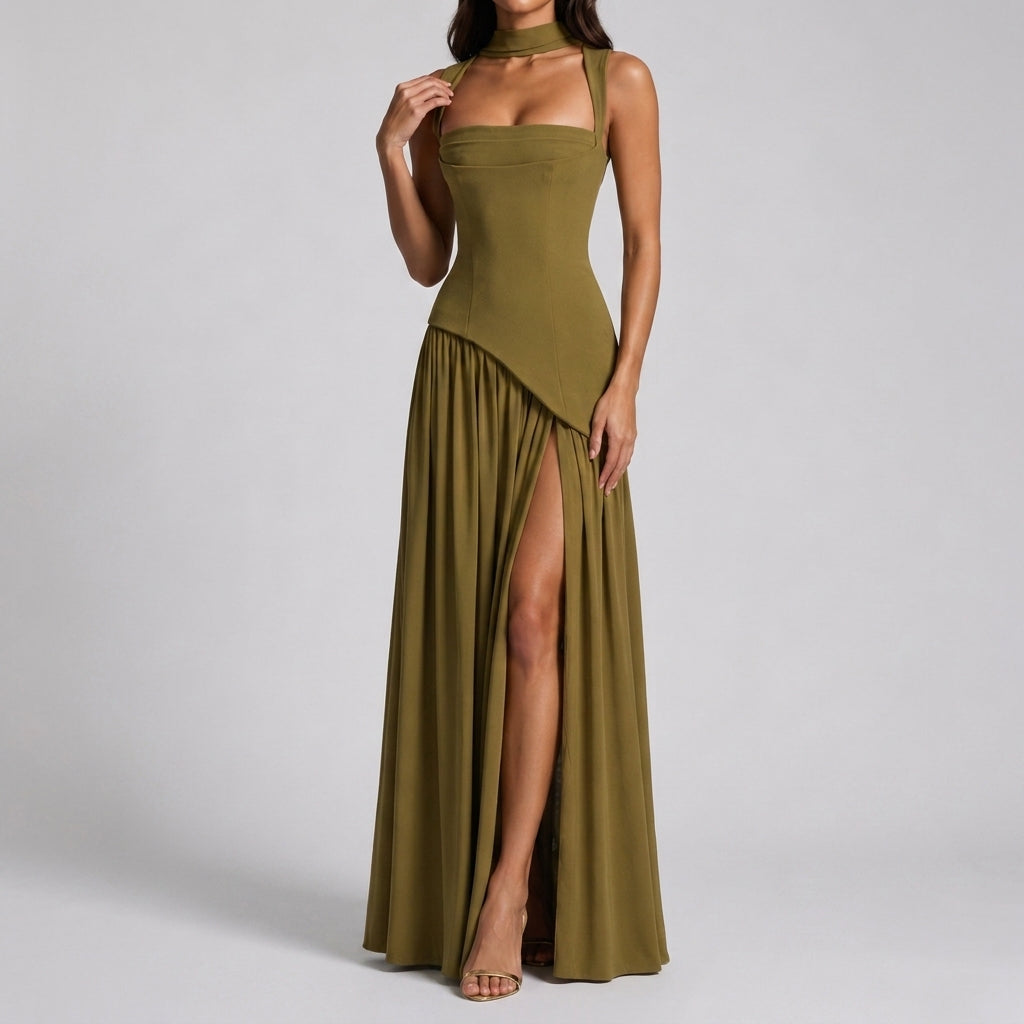 Women's Formal Cocktail Satin Draped Maxi Dress - Sage Green