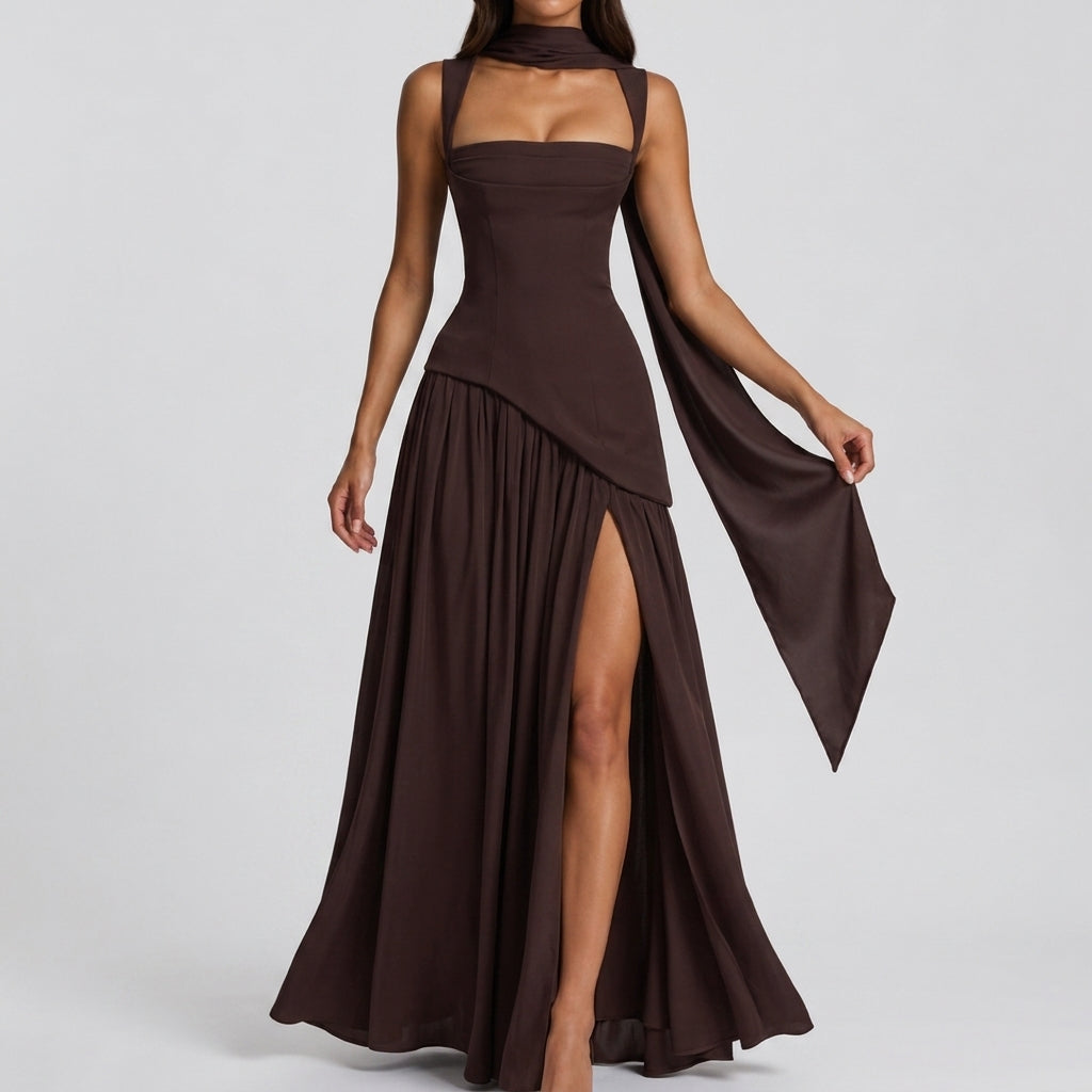 Women's Formal Cocktail Satin Draped Maxi Dress