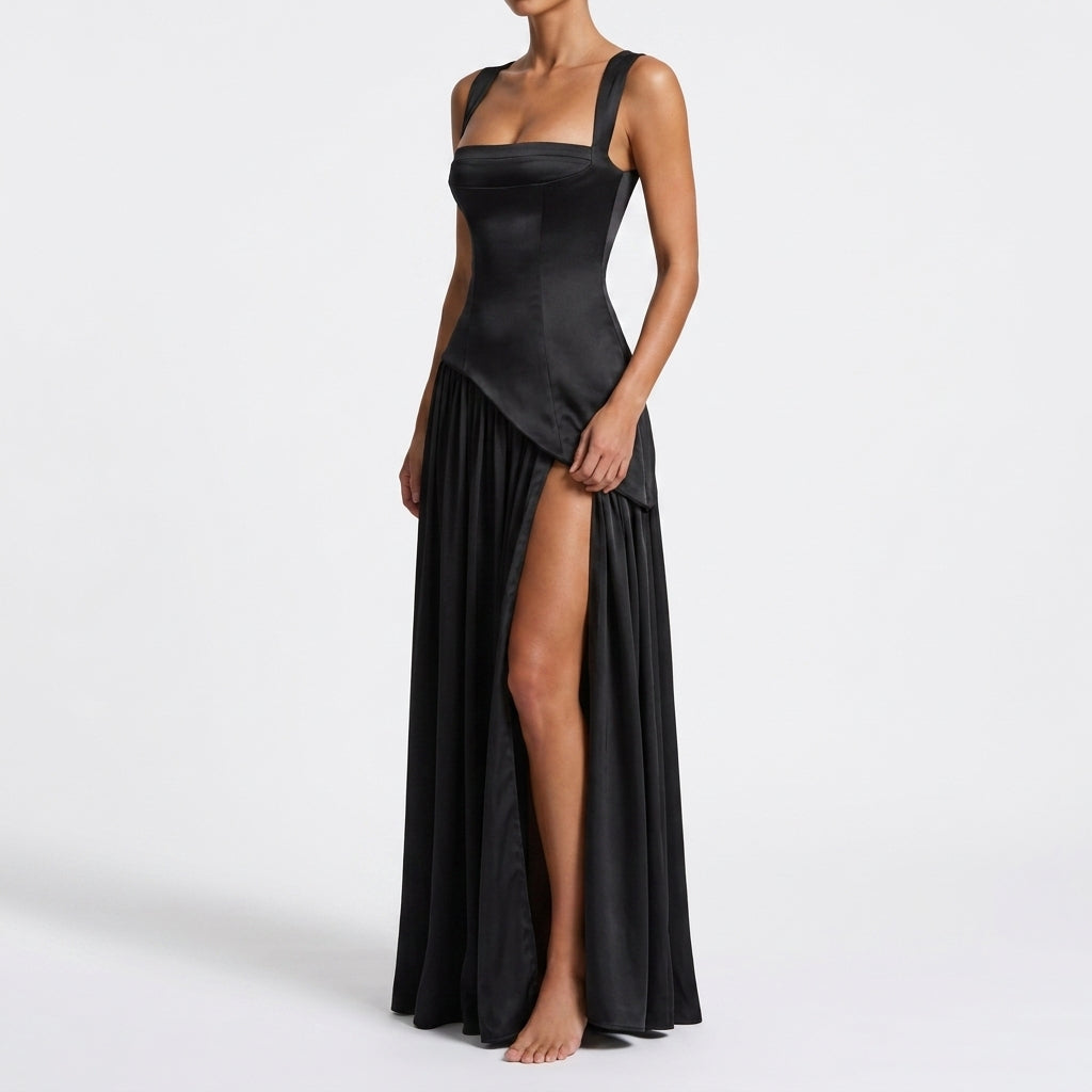 Women's Formal Cocktail Satin Draped Maxi Dress - Black