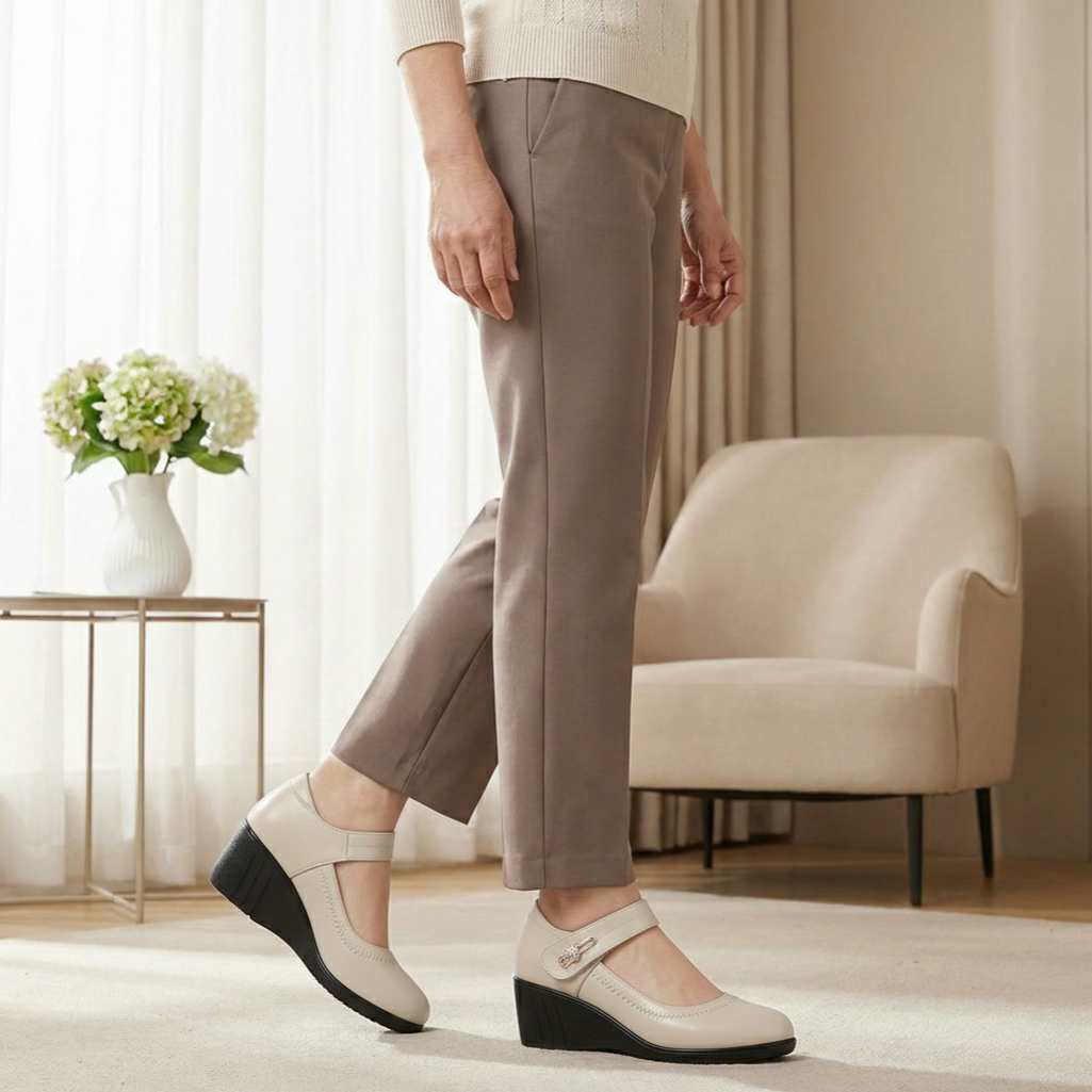 Women's Elegant Heeled Leather Orthopedic Mary Janes - Beige