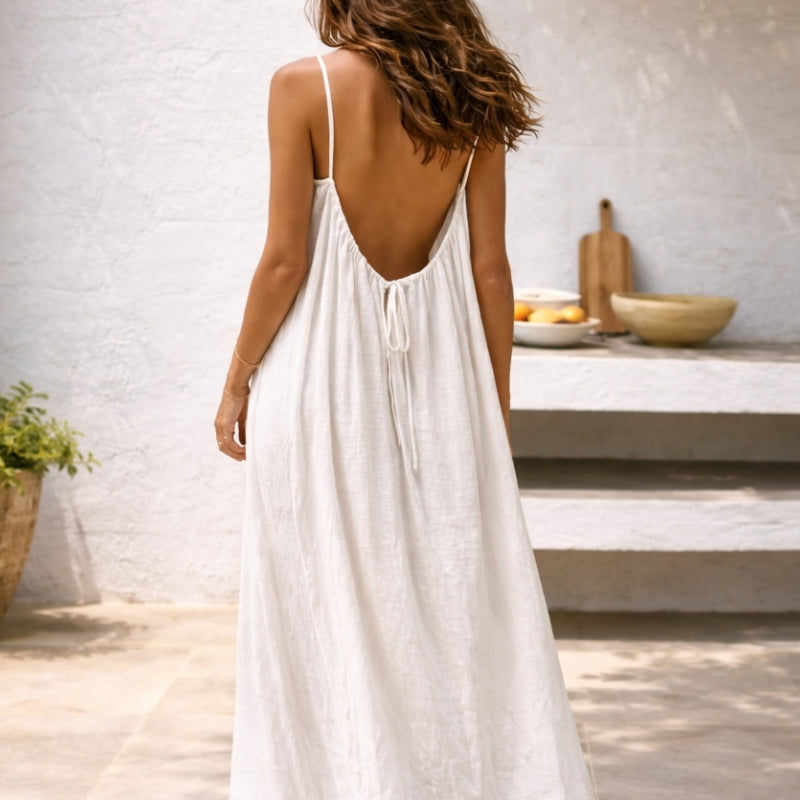 Women's Linen Long Sleeveless Beach Maxi Dress - White