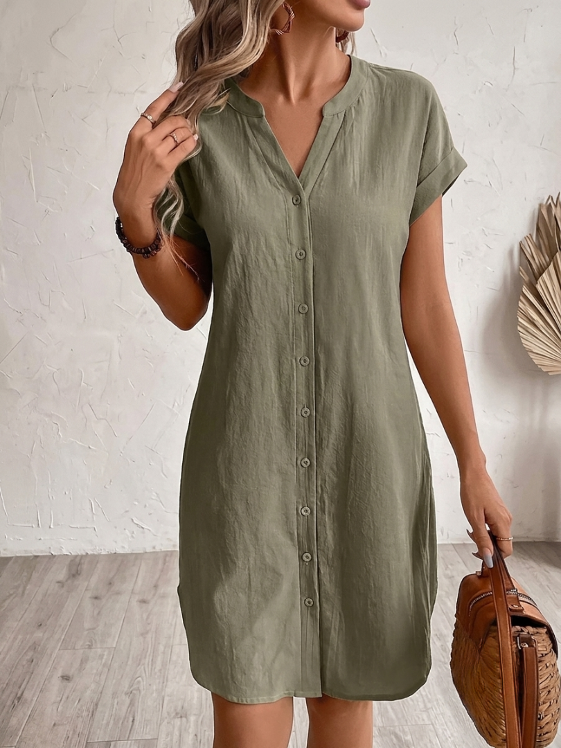 Women's Chic Linen Button Mini Summer Dress - Green
