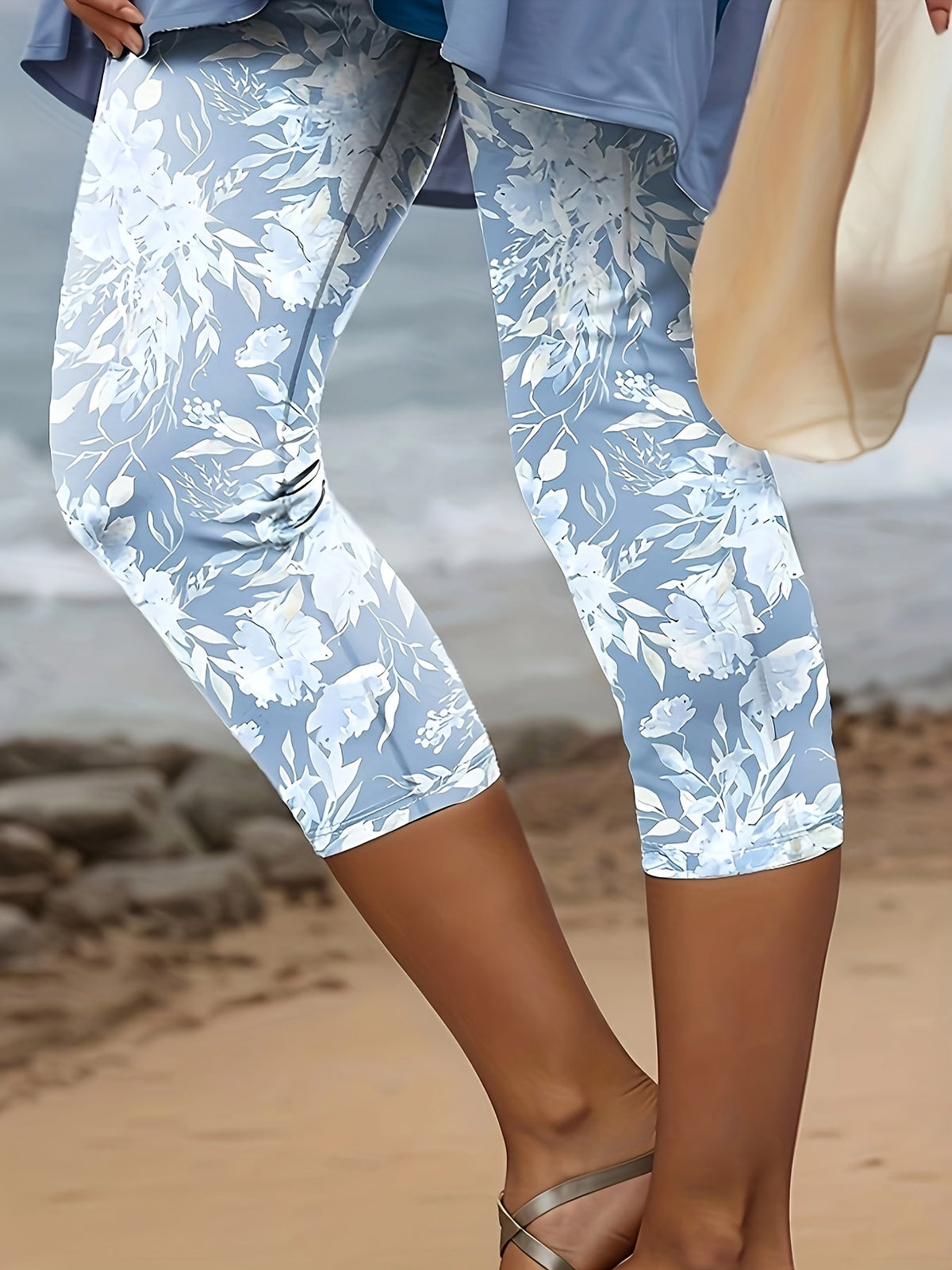 Women's Casual Floral Knit Capri Legging Pants