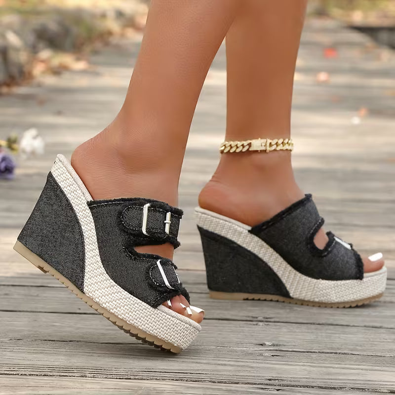 Women's Denim Espadrille Wedge Heel Sandals