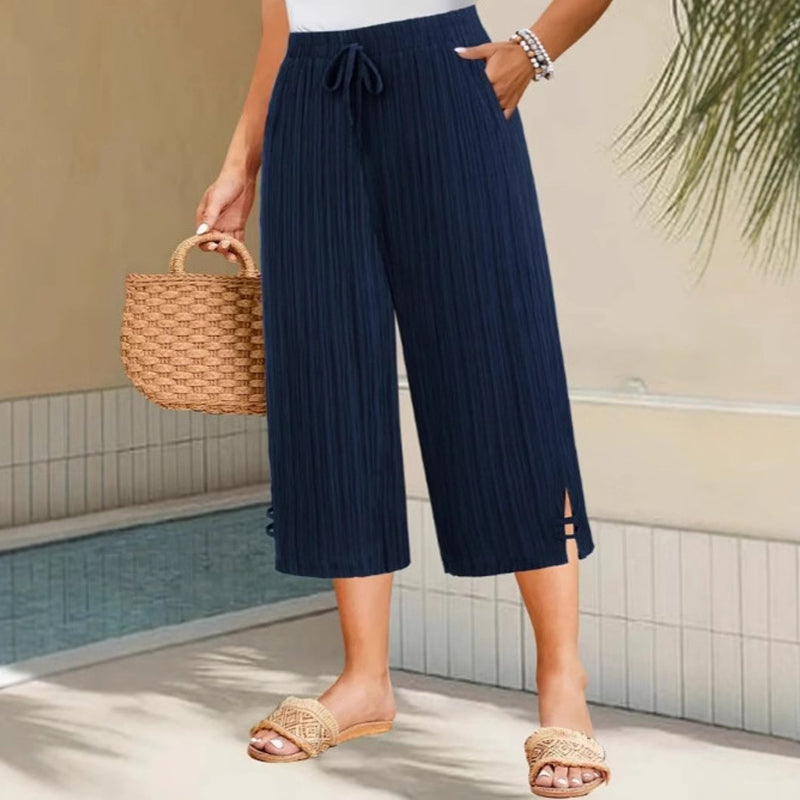 Women's Linen Wide Leg Capri Pants - Navy