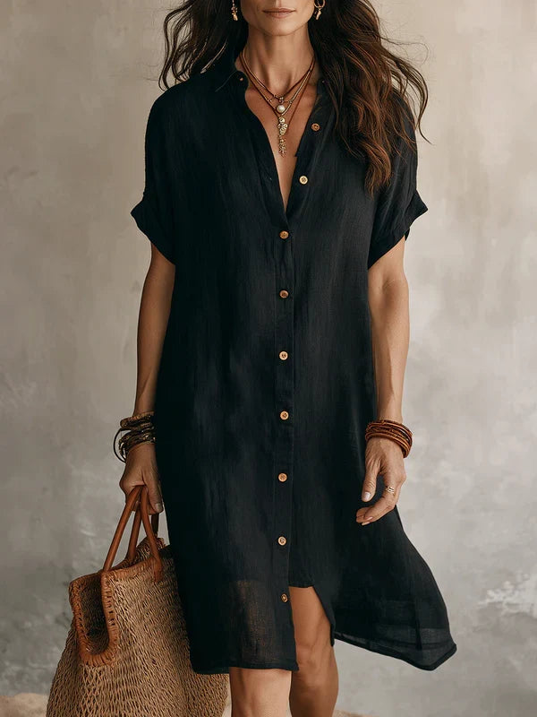 Women's Classic Linen Midi Button Shirt Dress - Black