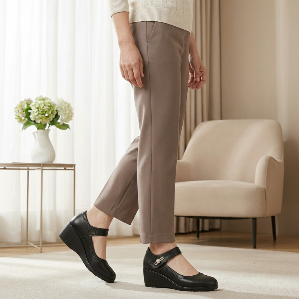 Women's Elegant Heeled Leather Orthopedic Mary Janes - Black
