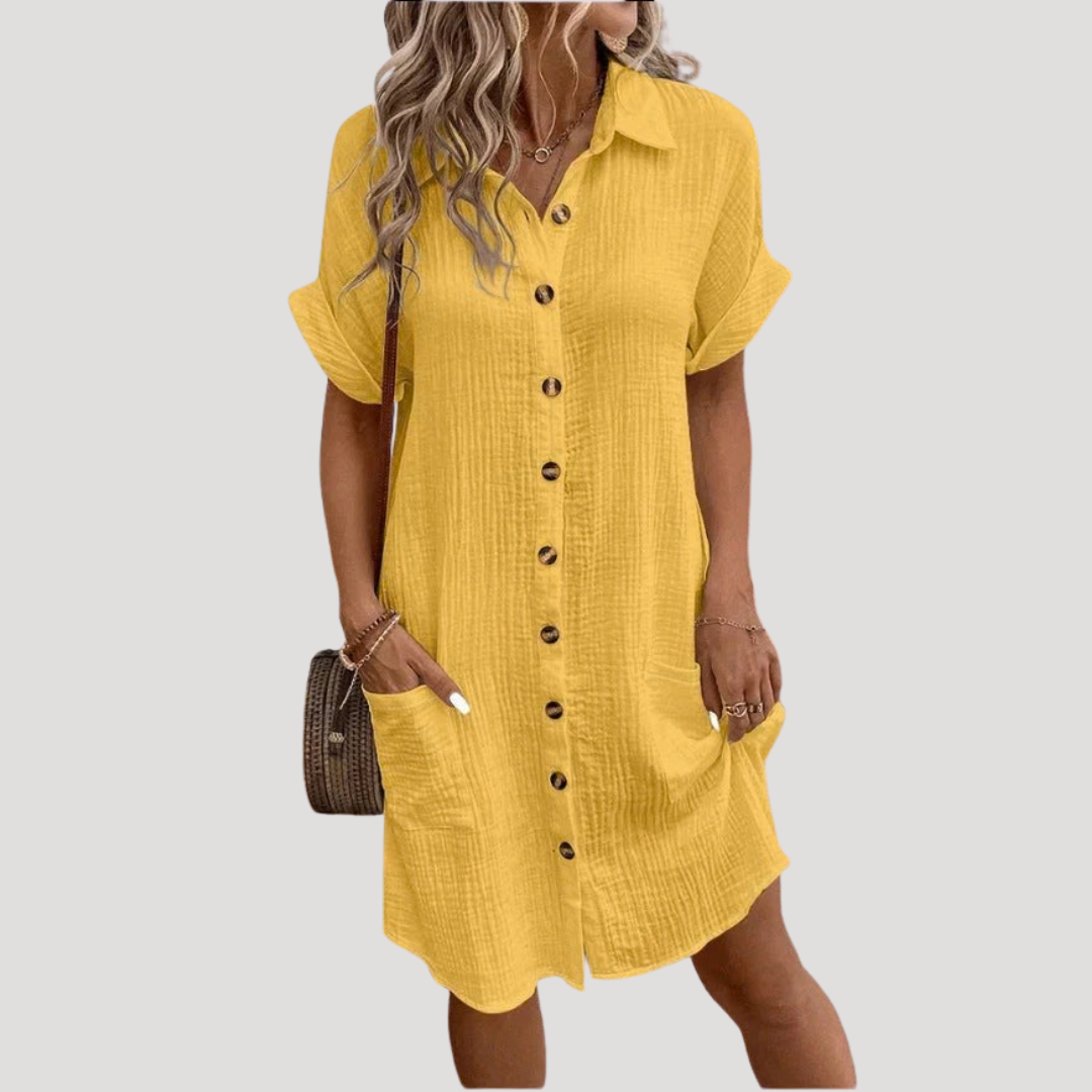 Women's Relaxed Button-Front Mini Shirt Dress - Yellow