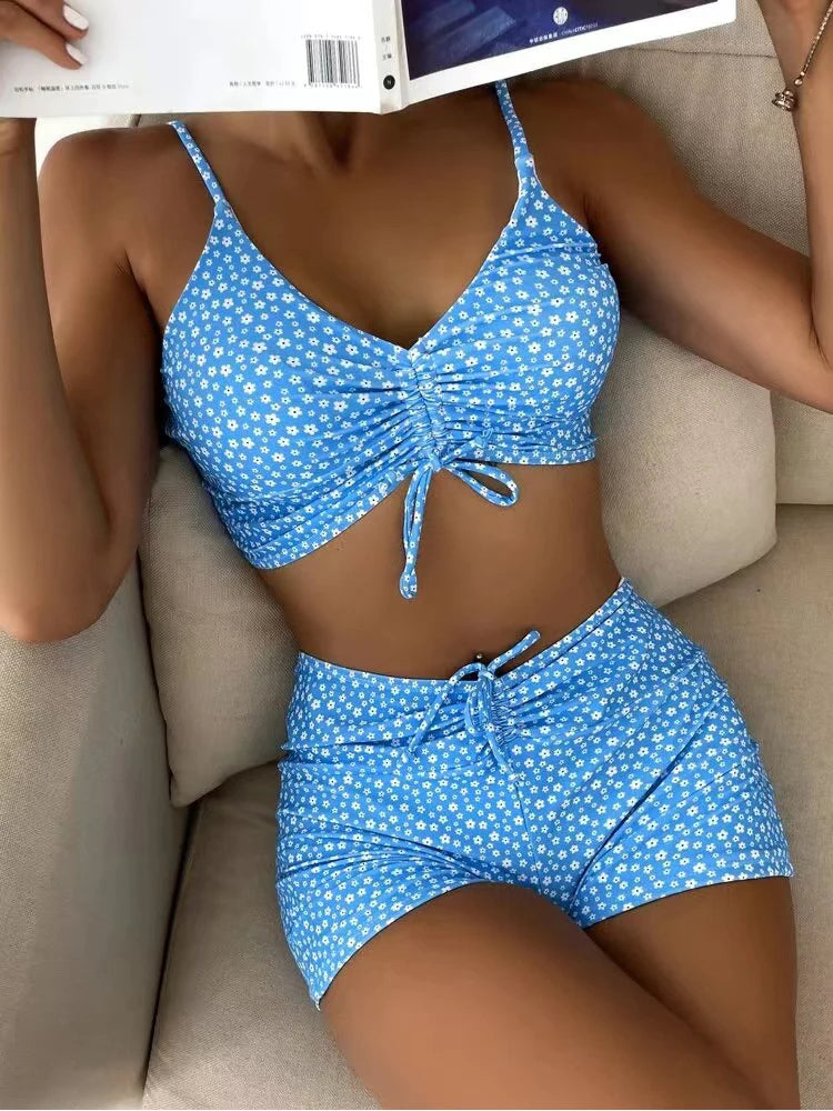 Women's Ruched Floral High Waisted Bikini - Blue