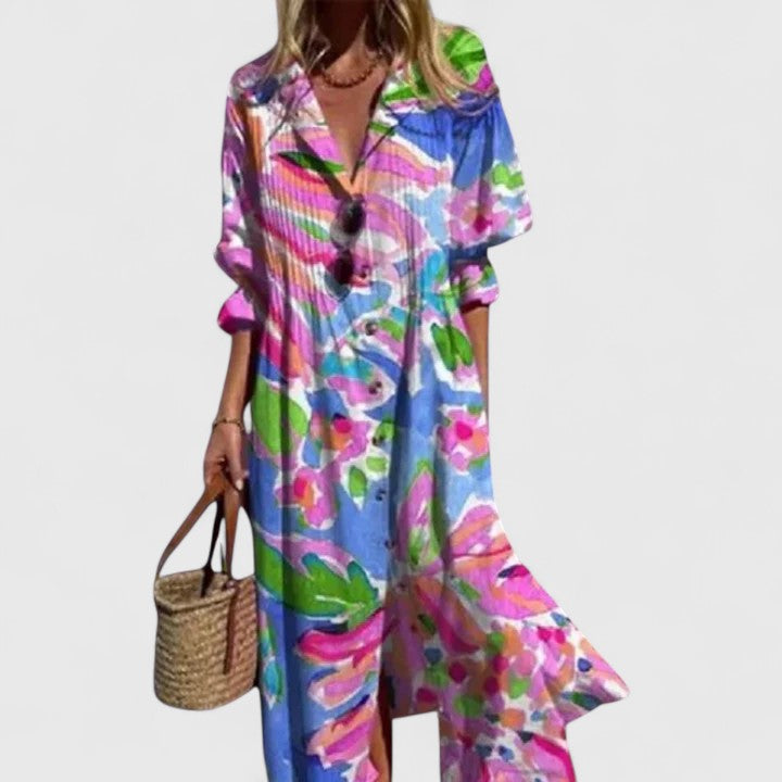 Women's Stylish Floral Midi Shirt Dress - Red