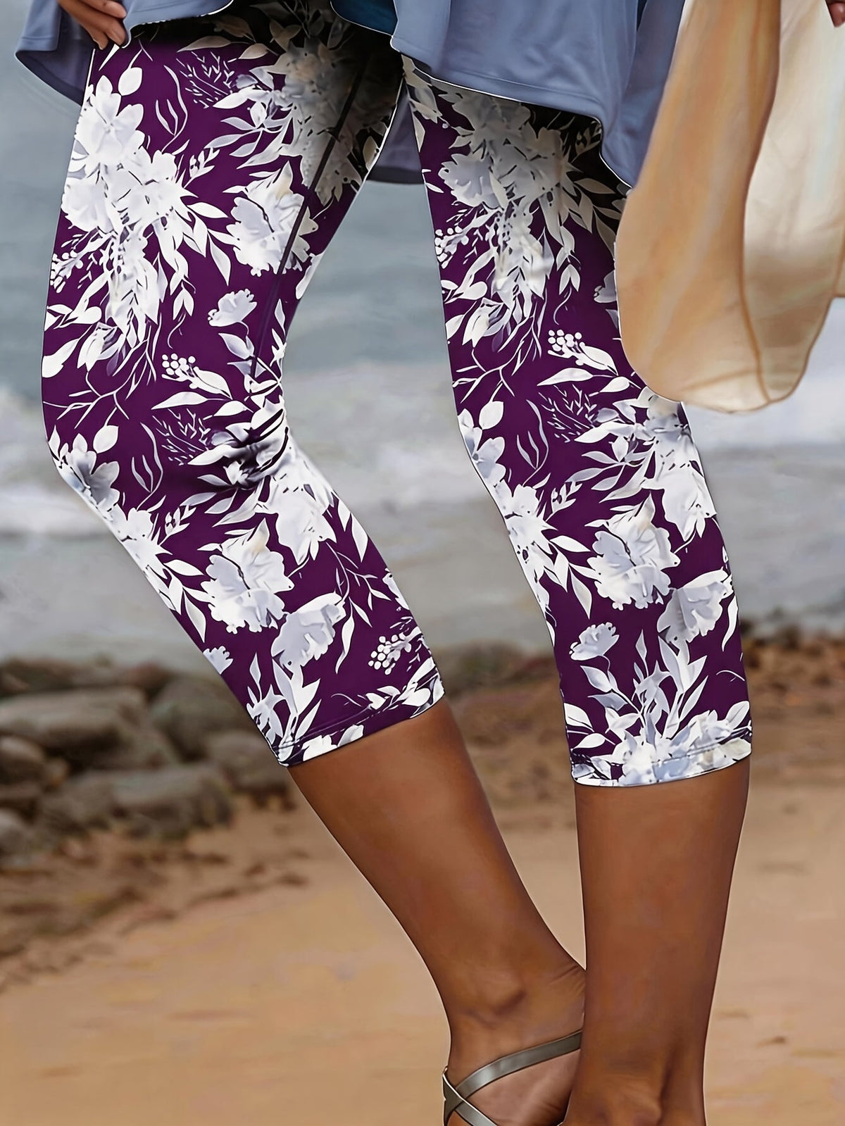 Women's Casual Floral Knit Capri Legging Pants