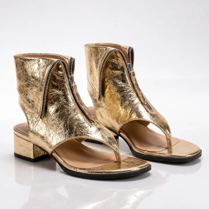 Women's Leather Thong Block Heel Sandals - Gold