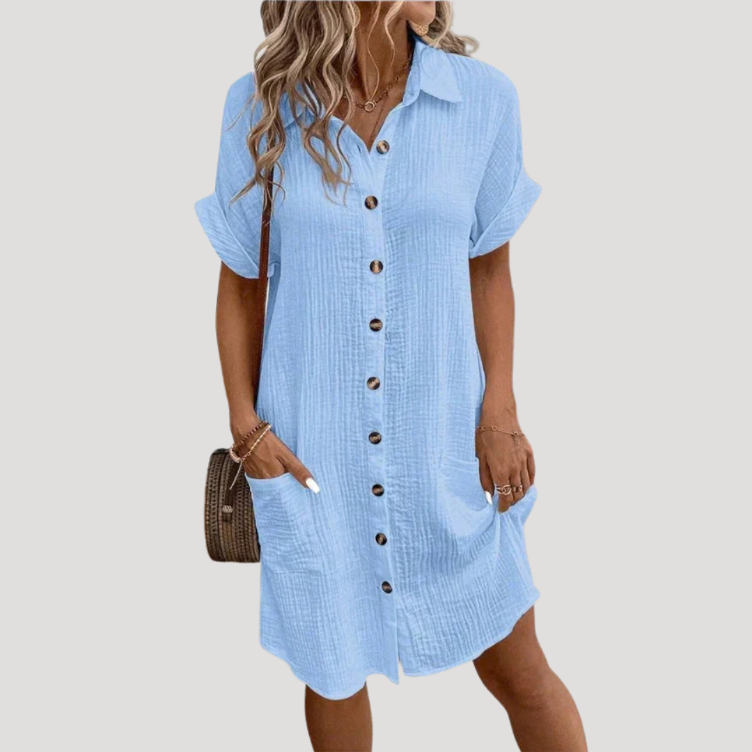 Women's Relaxed Button-Front Mini Shirt Dress - Blue