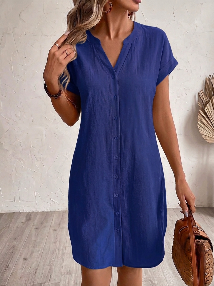 Women's Chic Linen Button Mini Summer Dress - Blue