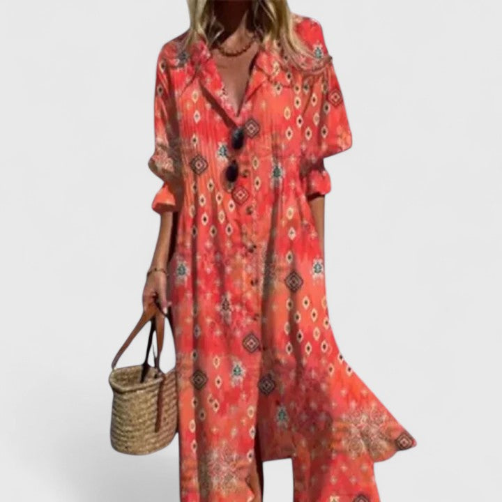 Women's Stylish Floral Midi Shirt Dress - Orange