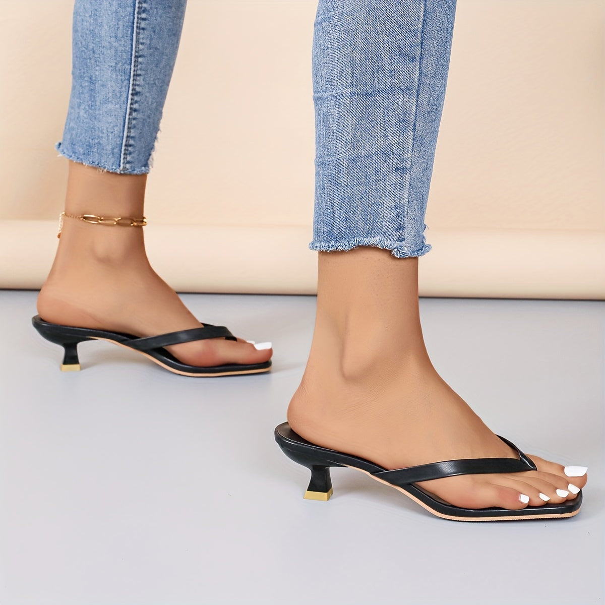 Women's Elegant Square Toe Thong Heels