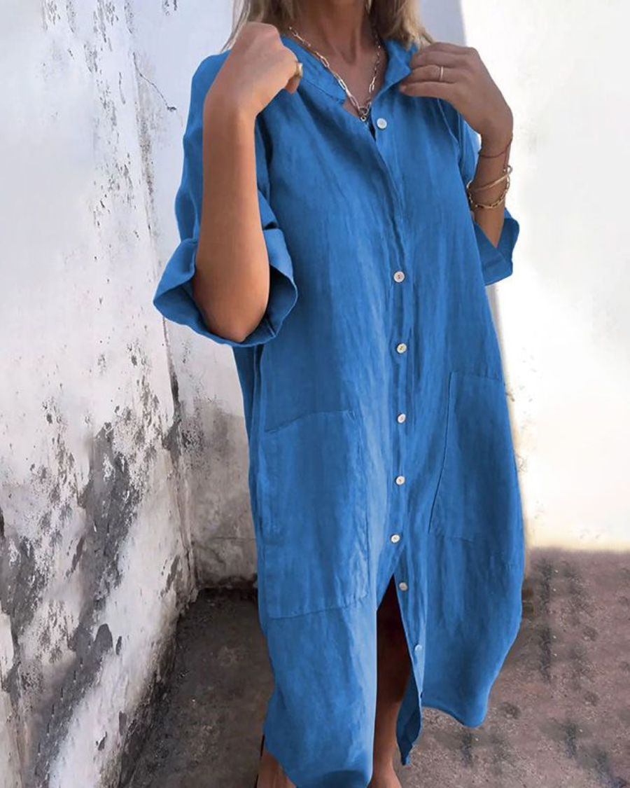 Women's Linen Relaxed Fit Midi Shirt Dress - Blue