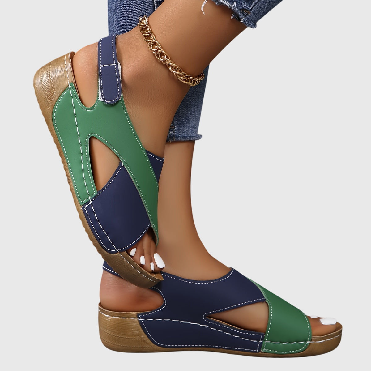 Women's Strappy Orthopaedic Wedge-Heel Sandals - Multi-colour - Green