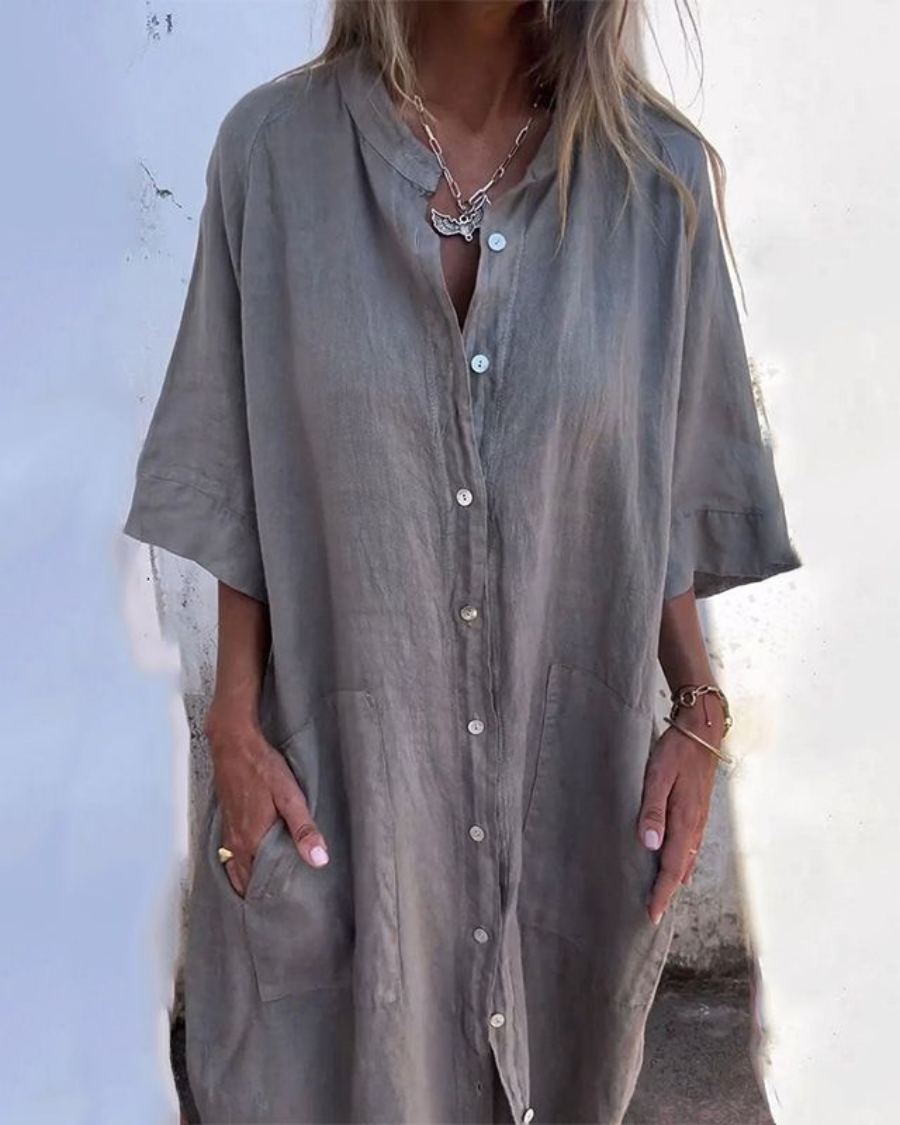 Women's Linen Relaxed Fit Midi Shirt Dress - Grey