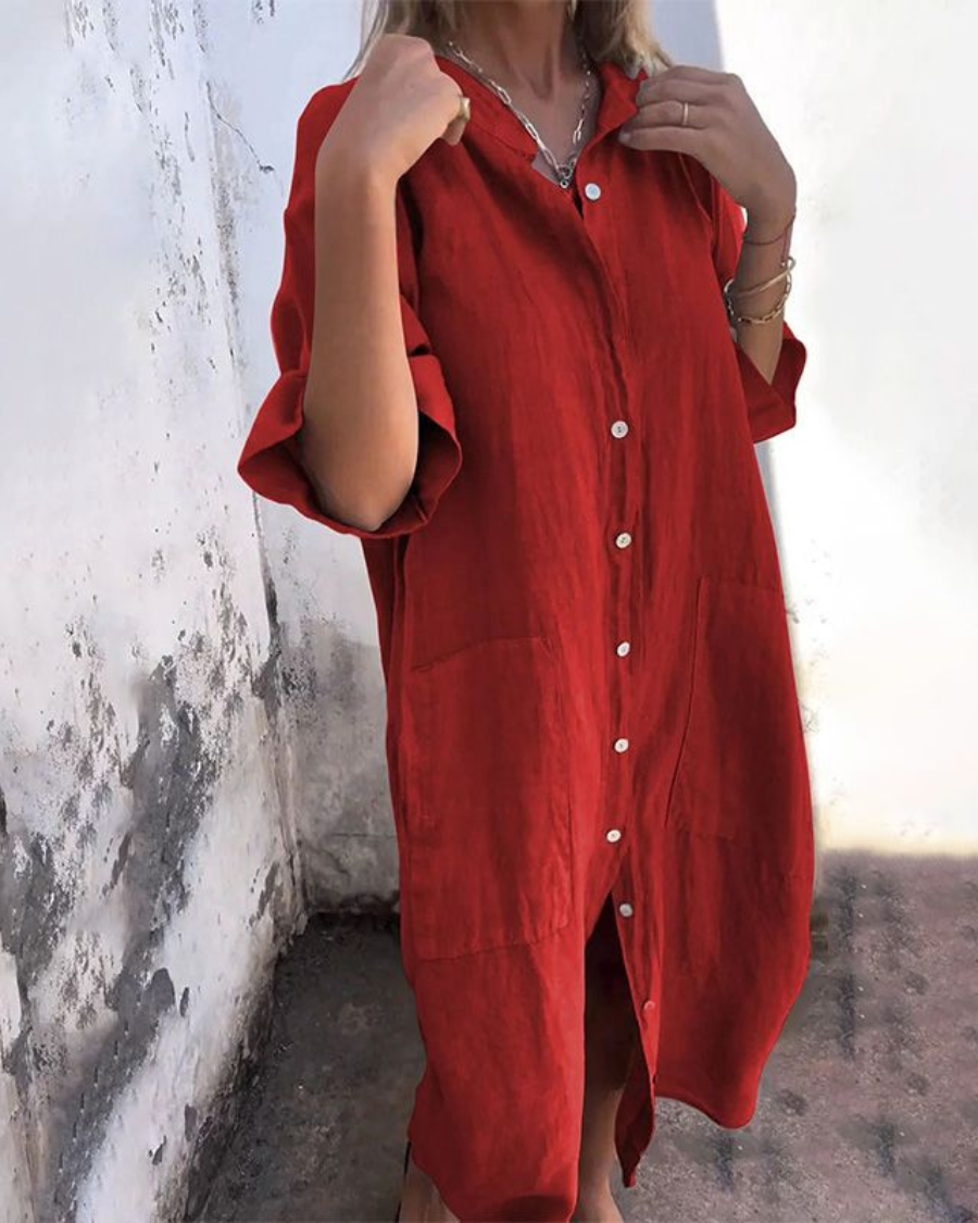 Women's Linen Relaxed Fit Midi Shirt Dress - Red
