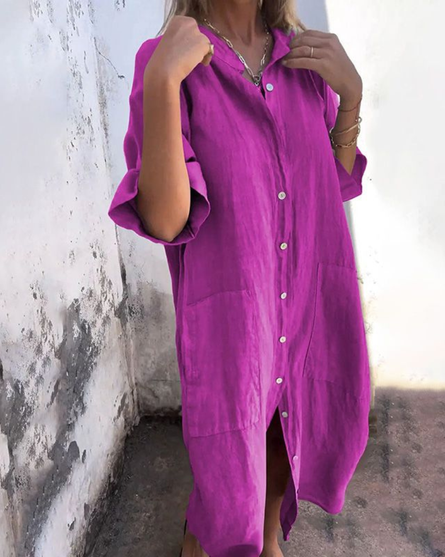 Women's Linen Relaxed Fit Midi Shirt Dress - Purple
