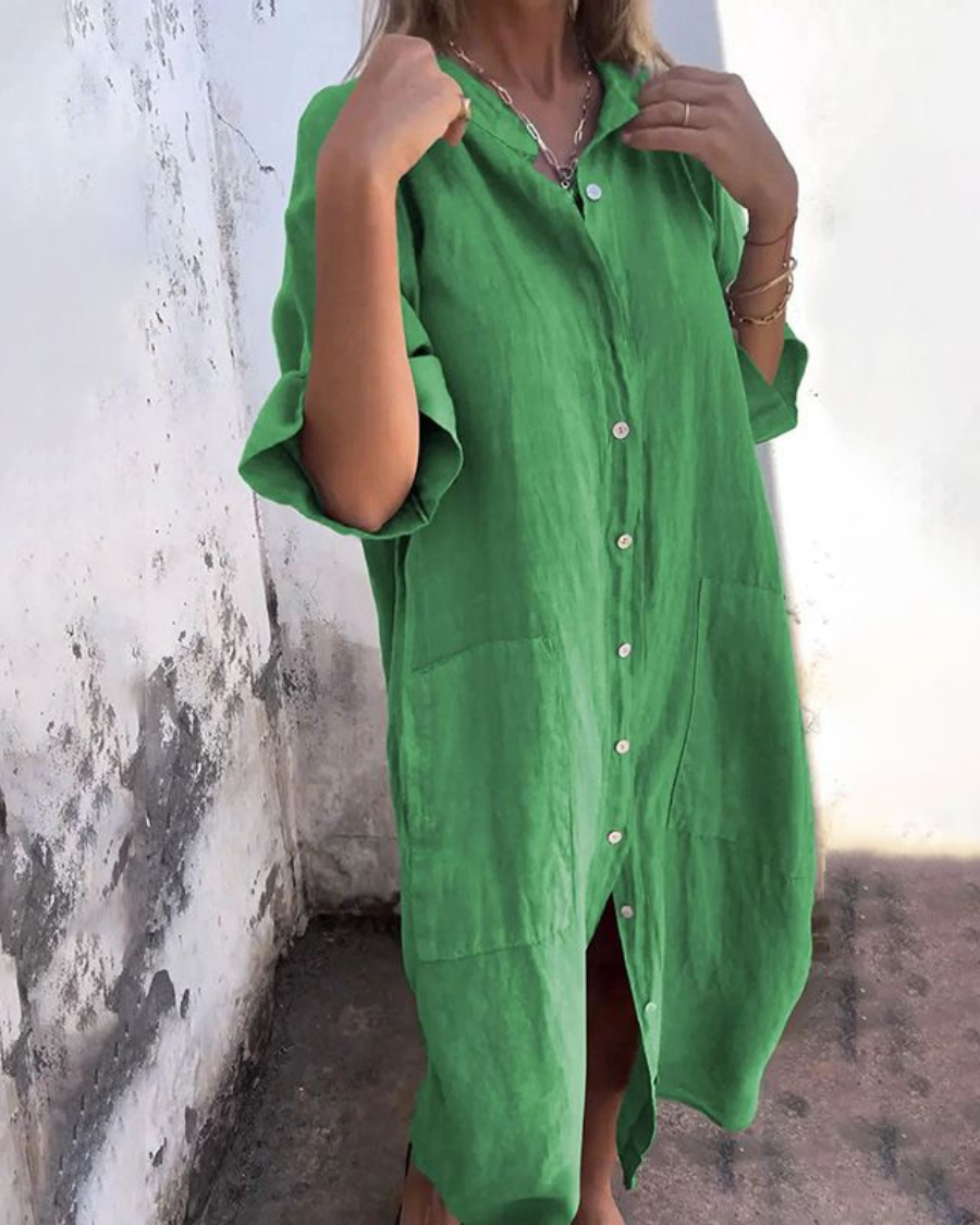 Women's Linen Relaxed Fit Midi Shirt Dress - Green