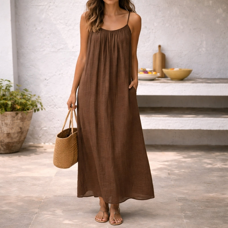 Women's Linen Long Sleeveless Beach Maxi Dress - Brown