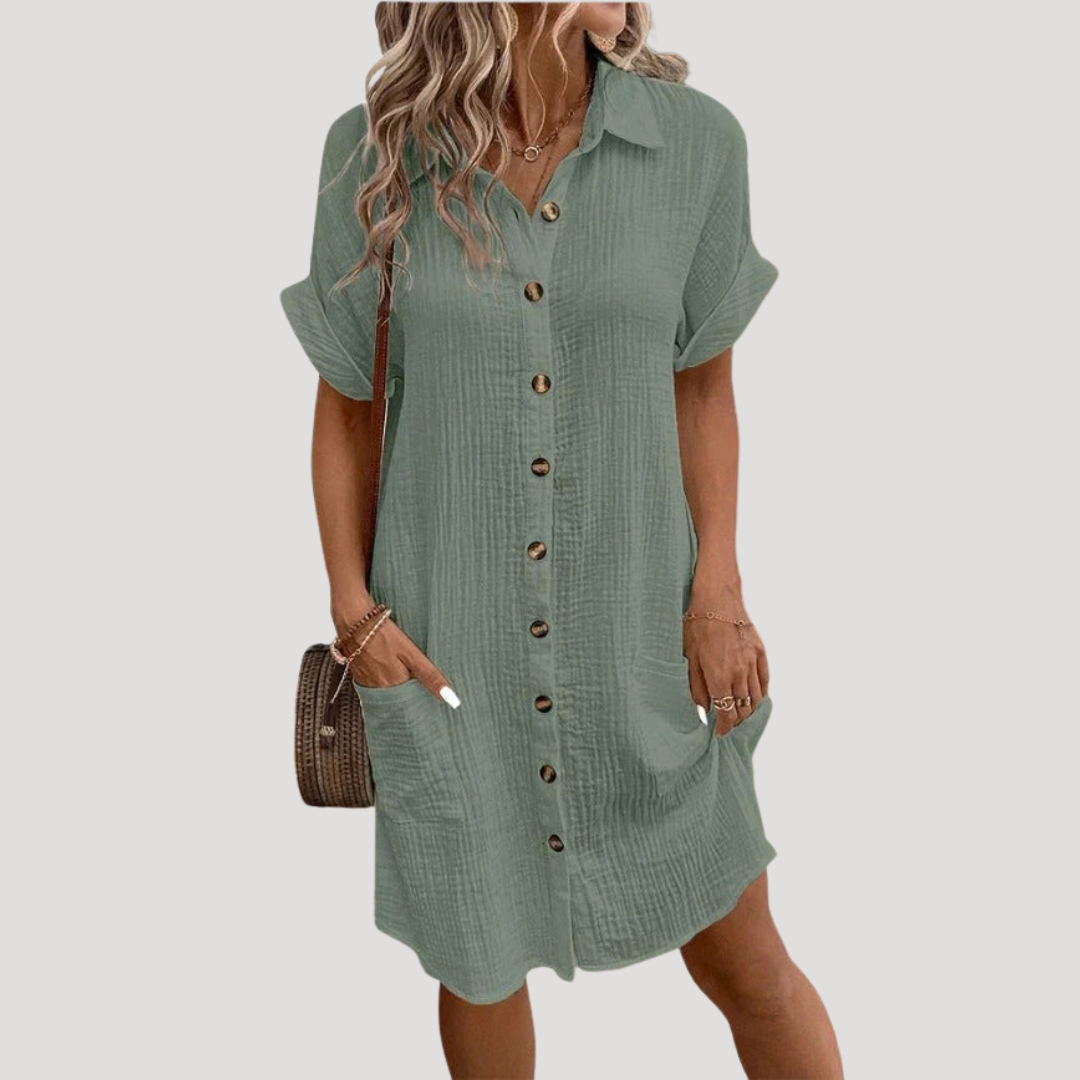 Women's Relaxed Button-Front Mini Shirt Dress - Green