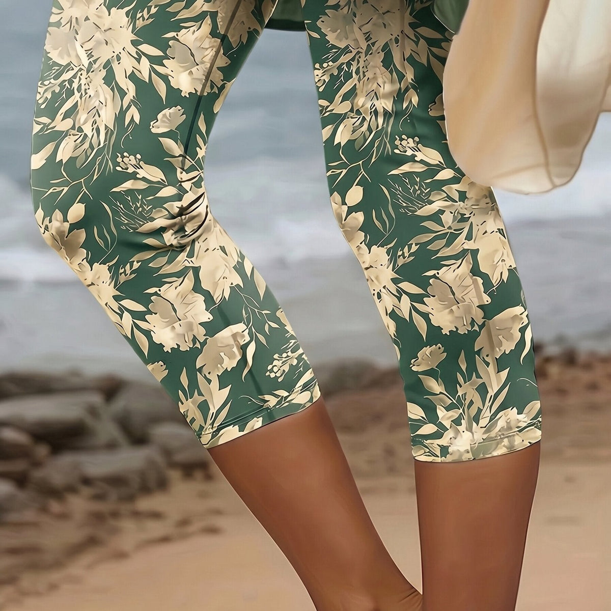 Women's Casual Floral Knit Capri Legging Pants - Olive Green
