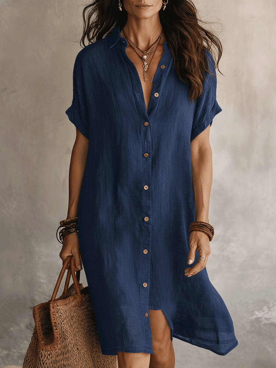 Women's Classic Linen Midi Button Shirt Dress - Blue