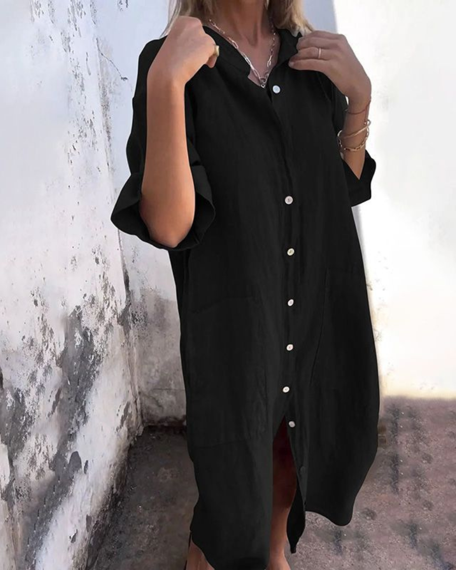 Women's Linen Relaxed Fit Midi Shirt Dress - Black