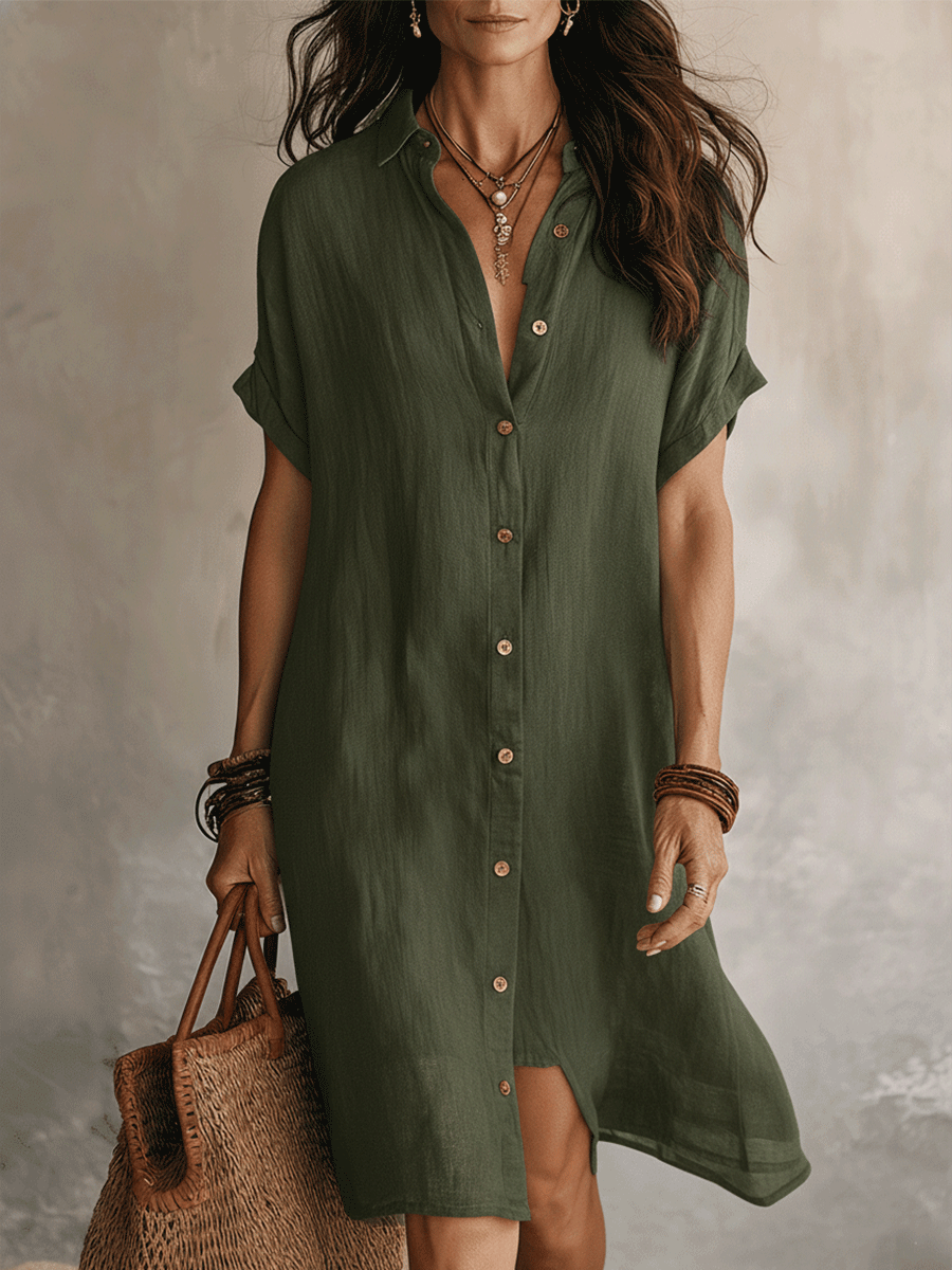 Women's Classic Linen Midi Button Shirt Dress - Green