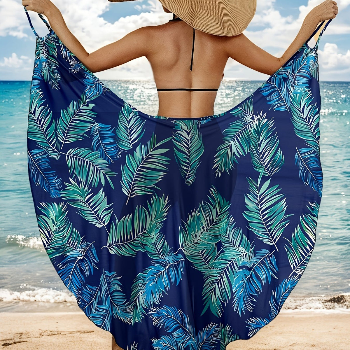 Women's Tropical Leaf Print Beach Wrap Maxi Sarong - Navy