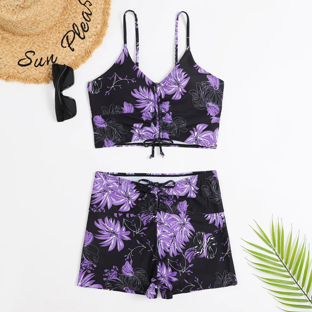 Women's Ruched Floral High Waisted Bikini - Purple