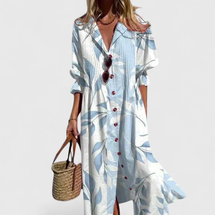 Women's Stylish Floral Midi Shirt Dress - Sky Blue