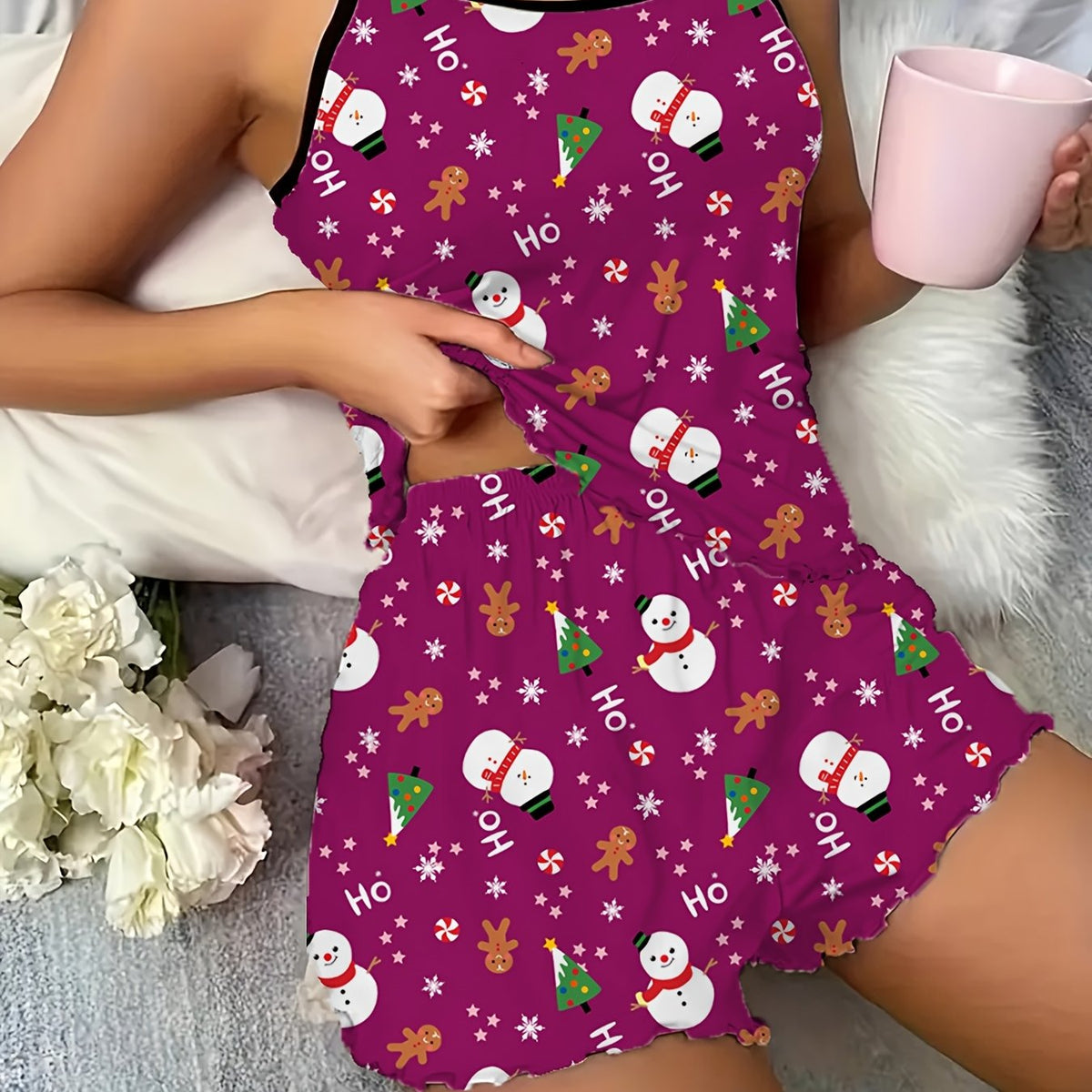 Women's Matching Cami Christmas Pyjamas - Fuchsia