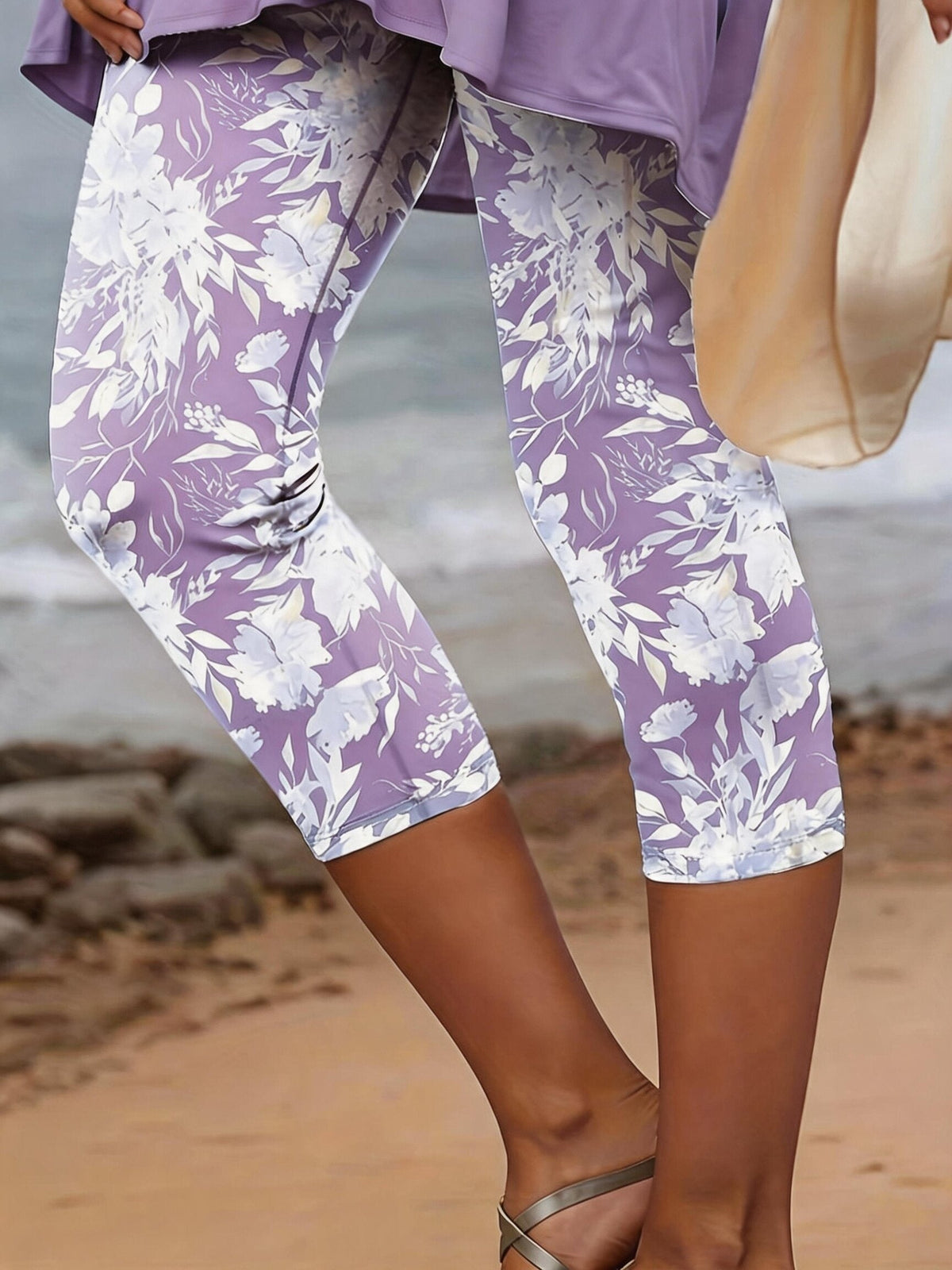 Women's Casual Floral Knit Capri Legging Pants